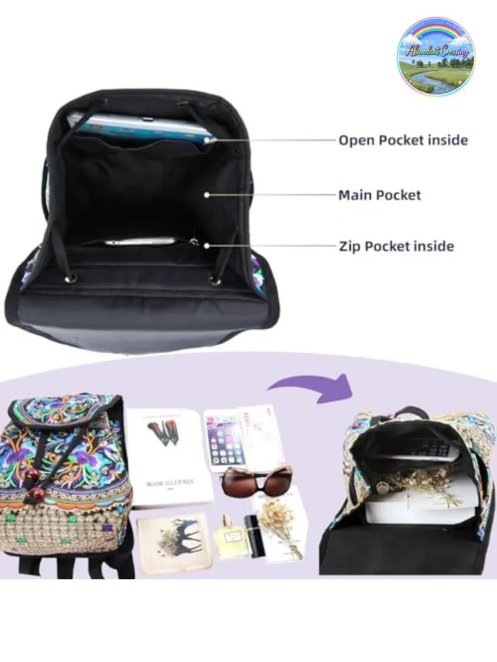 Embroidered Canvas Backpack Purse for Women, Boho Travel Daypack, Floral Mini